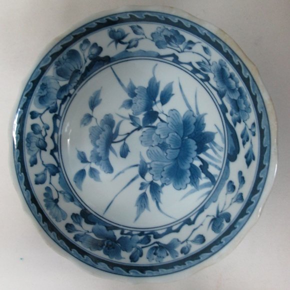 Vintage Blue Transferware Bowl Set 2 Porcelain Peony Japanese Asian - Picture 4 of 9